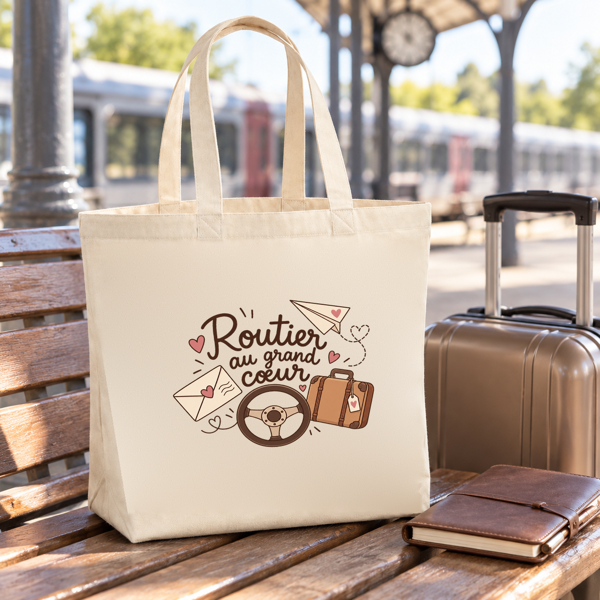 Tote bag chauffeur routier « Routier au grand cœur » Premium posé sur un banc, à côté d'une valise à roulettes