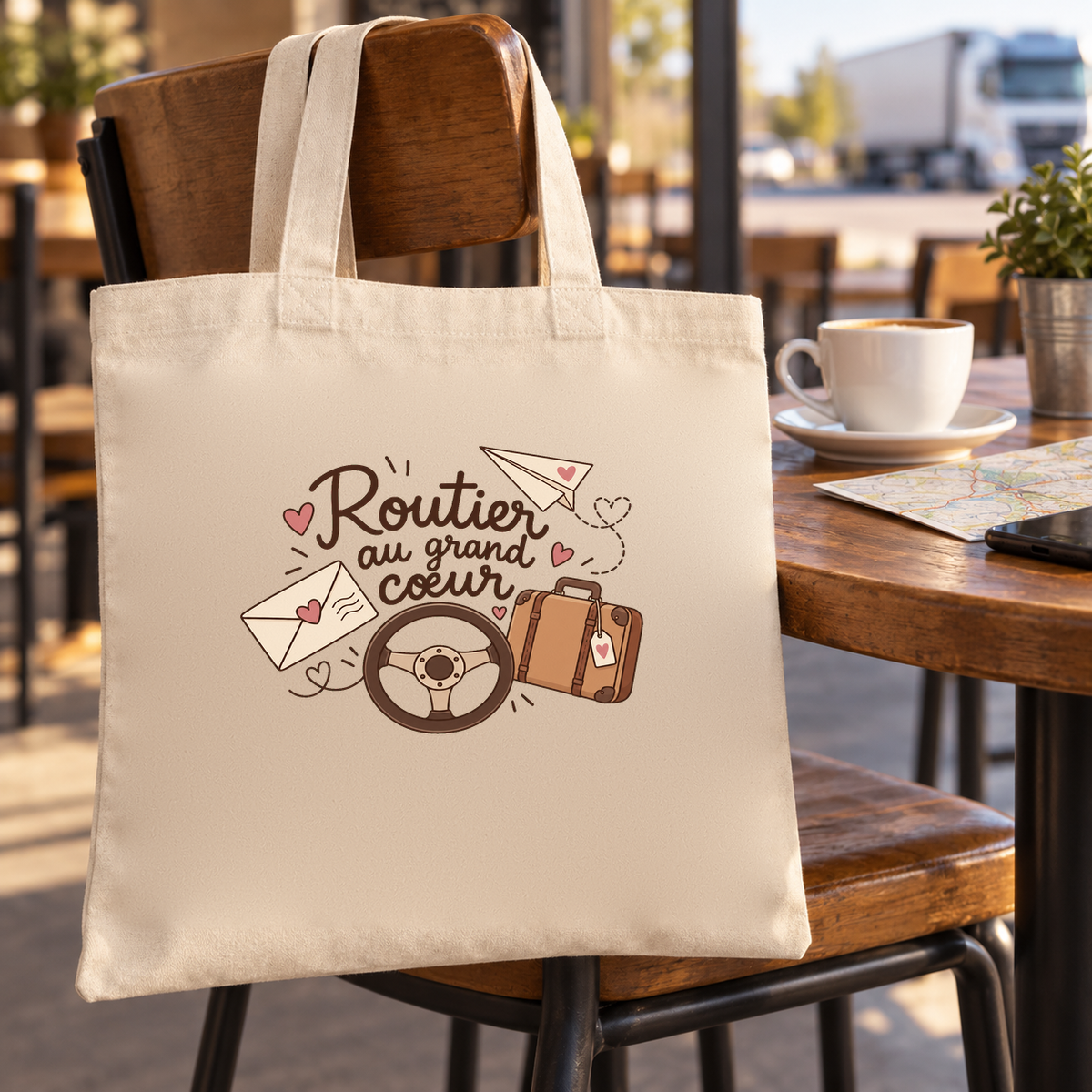 Tote bag chauffeur routier « Routier au grand cœur » Essentiel suspendu à une chaise de terrasse de café, à côté d'une tasse