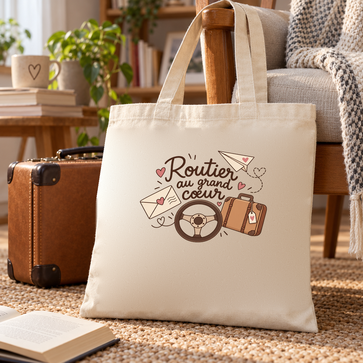 Tote bag chauffeur routier « Routier au grand cœur » Essentiel posé sur un fauteuil, à côté d'une valise rétro