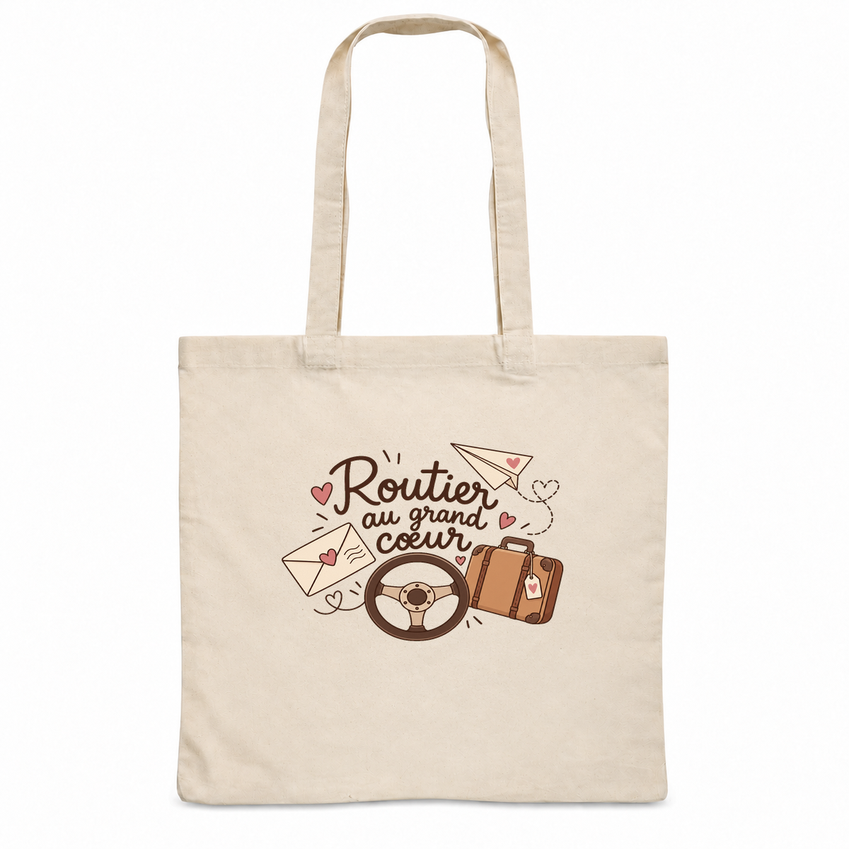 Tote bag chauffeur routier « Routier au grand cœur » Essentiel, sac plat en coton naturel 140 g/m² de 38 × 42 cm, illustration bohème d'un volant, d'une valise, d'une enveloppe et d'un avion en papier