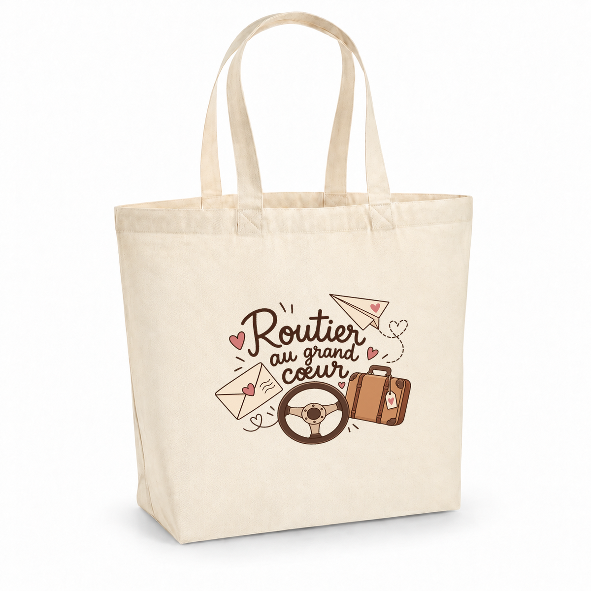 Tote bag chauffeur routier « Routier au grand cœur » Premium, cabas à soufflet en coton naturel 200 g/m² de 18 litres, illustration bohème d'un volant, d'une valise, d'une enveloppe et d'un avion en papier