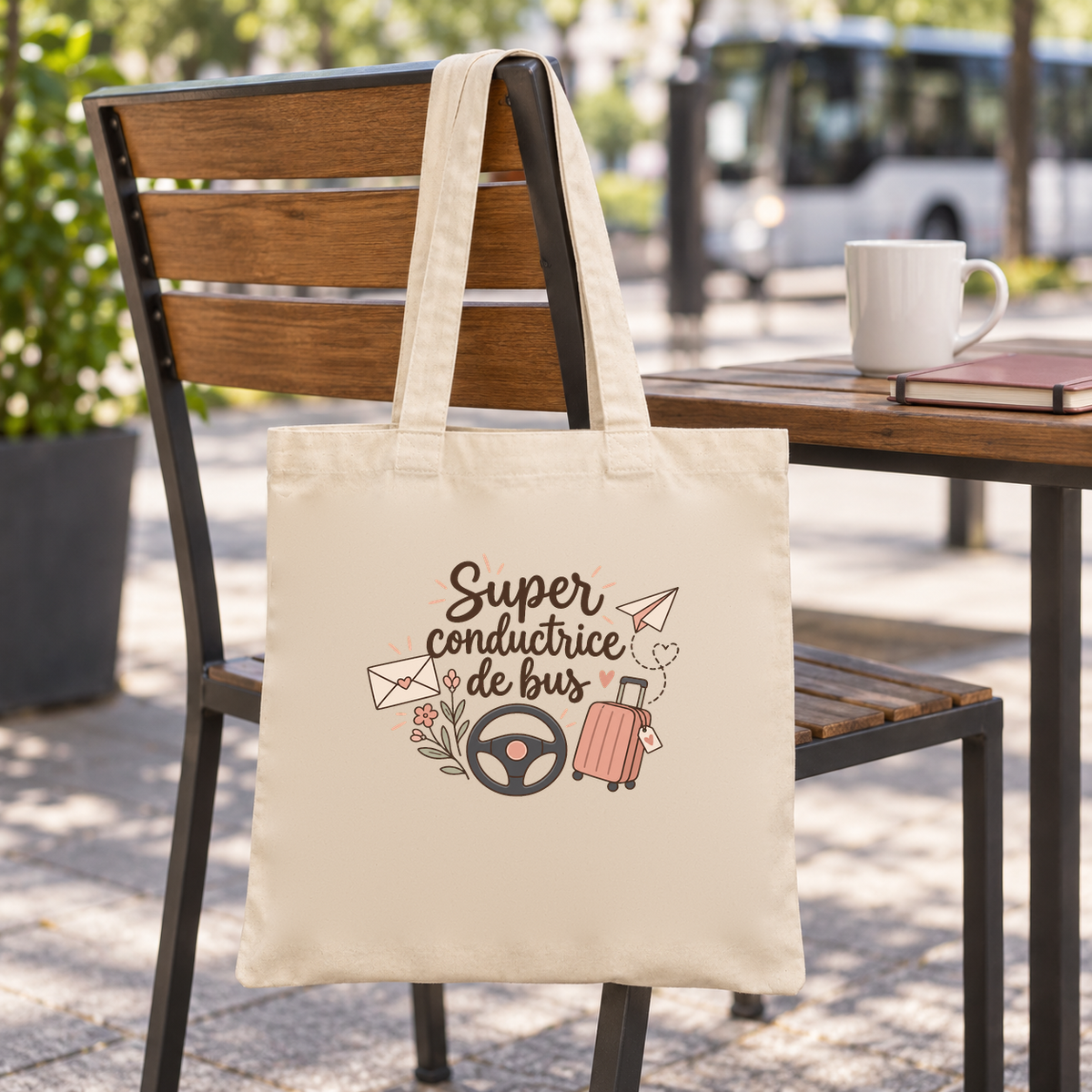 Tote bag conductrice de bus « Super conductrice de bus » Essentiel suspendu à une chaise de terrasse face à la gare routière
