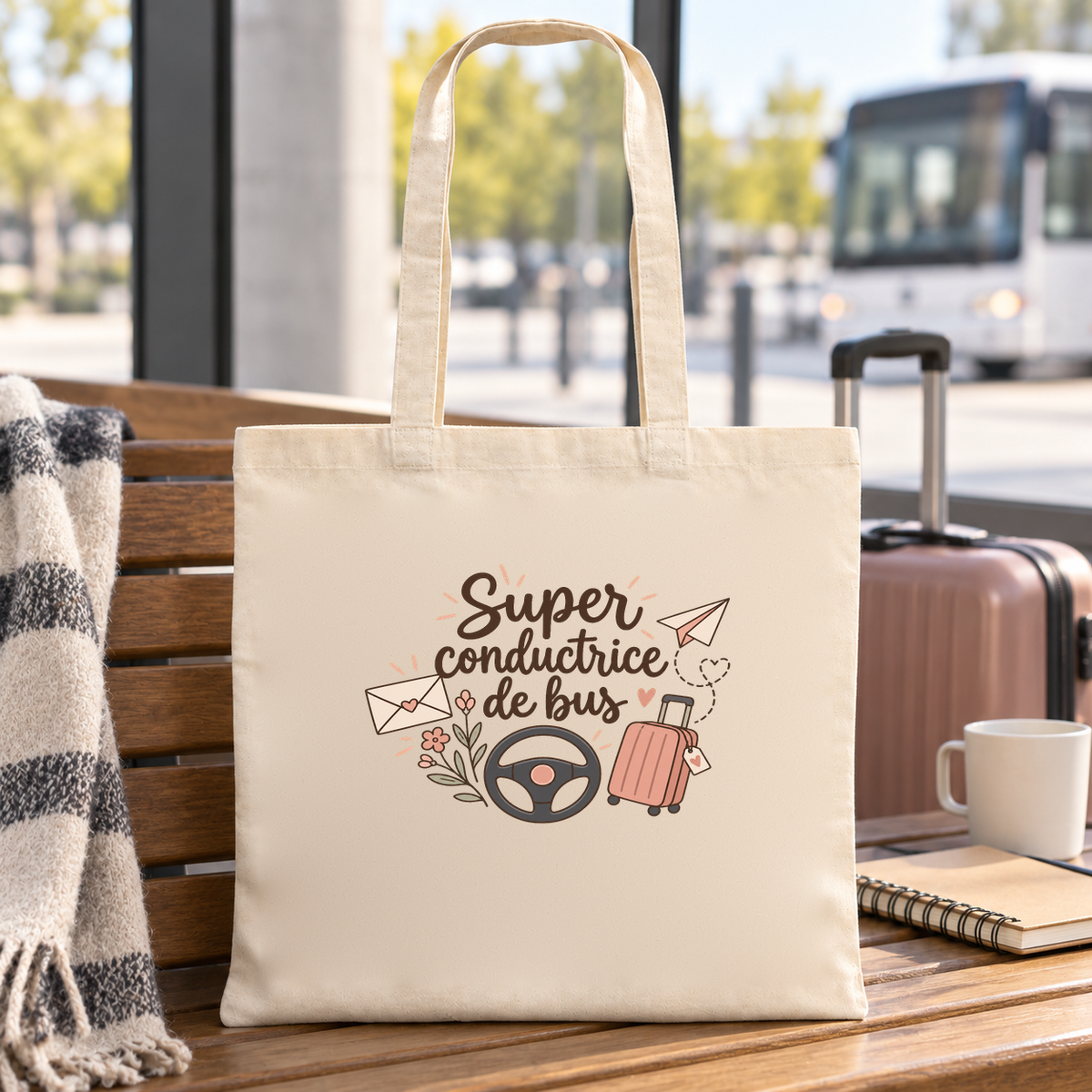 Tote bag conductrice de bus « Super conductrice de bus » Essentiel posé sur un banc, à côté d'une valise et d'une tasse