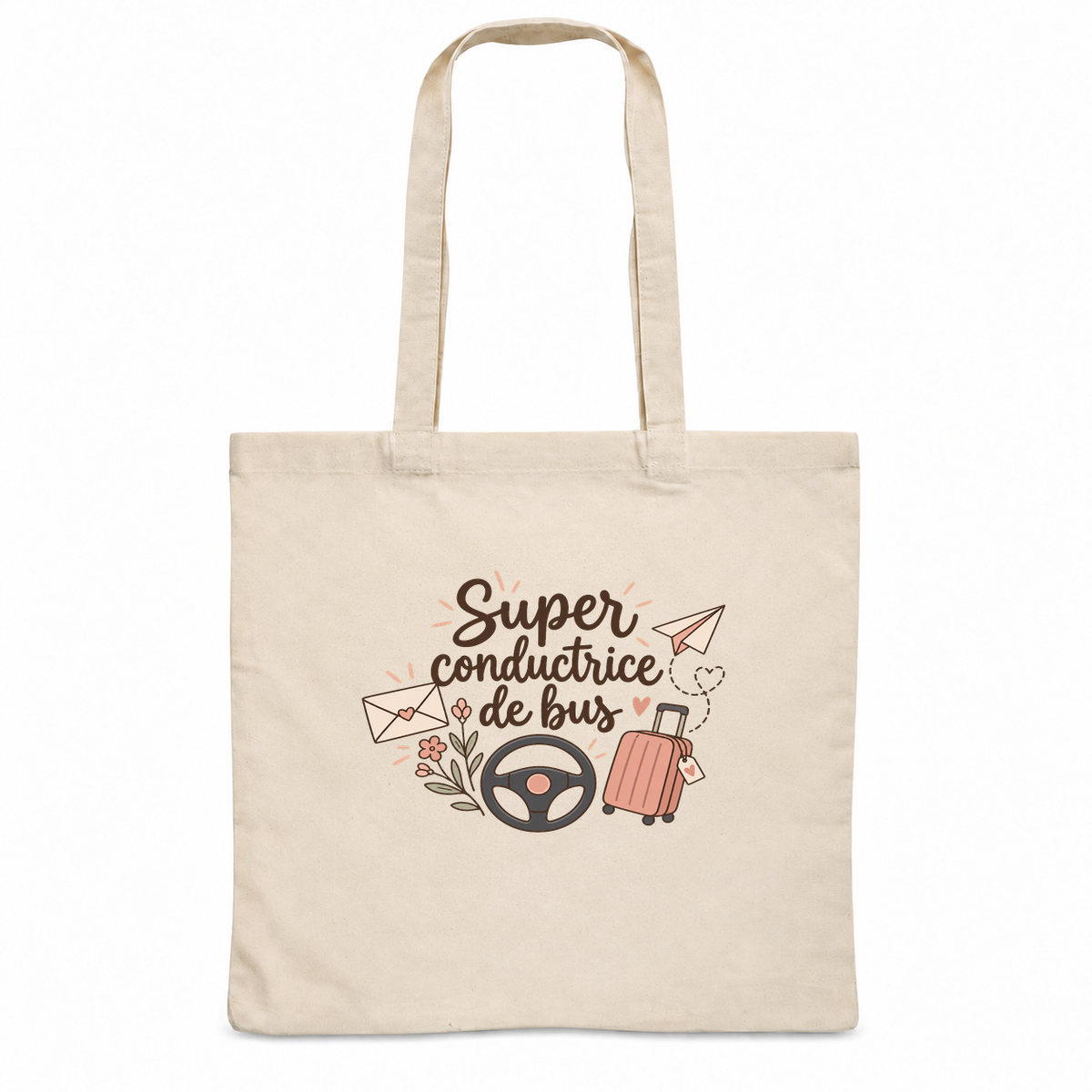 Tote bag conductrice de bus « Super conductrice de bus » Essentiel, sac plat en coton naturel 140 g/m² de 38 × 42 cm, illustration bohème d'un volant, d'une valise à roulettes et d'un avion en papier