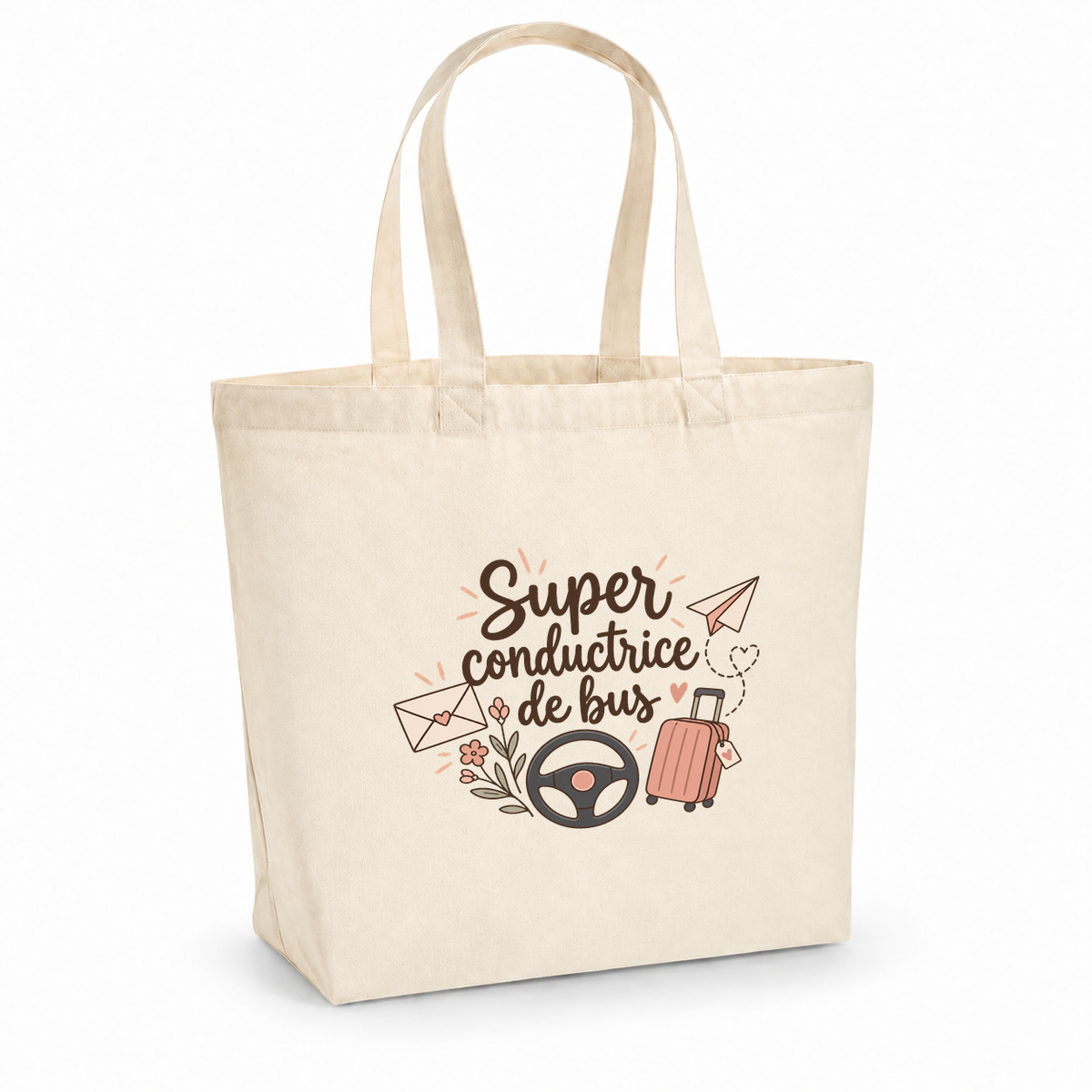 Tote bag conductrice de bus « Super conductrice de bus » Premium, cabas à soufflet en coton naturel 200 g/m² de 18 litres, illustration bohème d'un volant, d'une valise à roulettes et d'un avion en papier