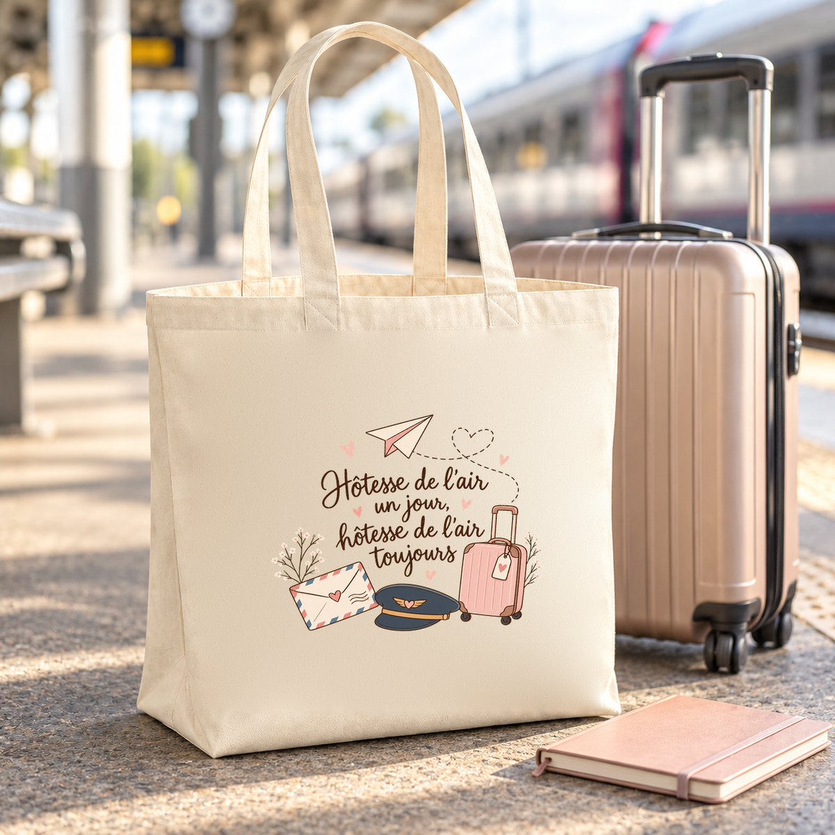 Tote bag hôtesse de l'air Premium posé sur un quai, à côté d'une valise à roulettes