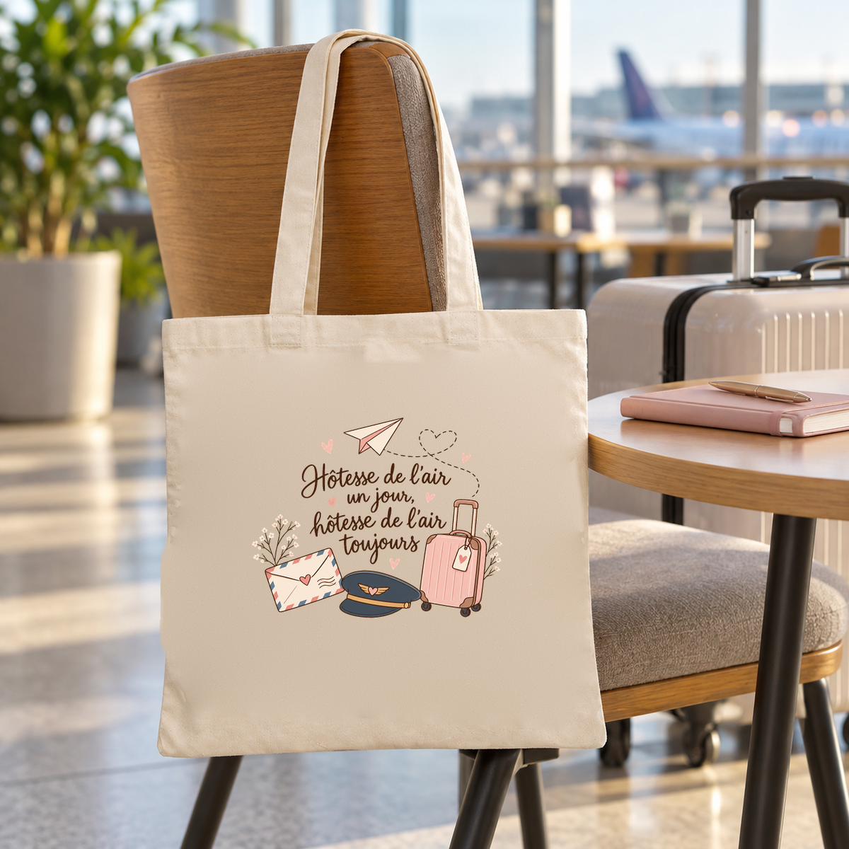Tote bag hôtesse de l'air Essentiel suspendu à une chaise dans un terminal d'aéroport
