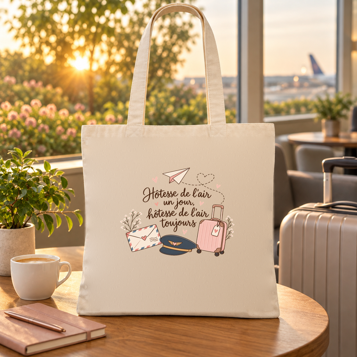 Tote bag hôtesse de l'air Essentiel posé sur une table de café d'aéroport, au coucher du soleil