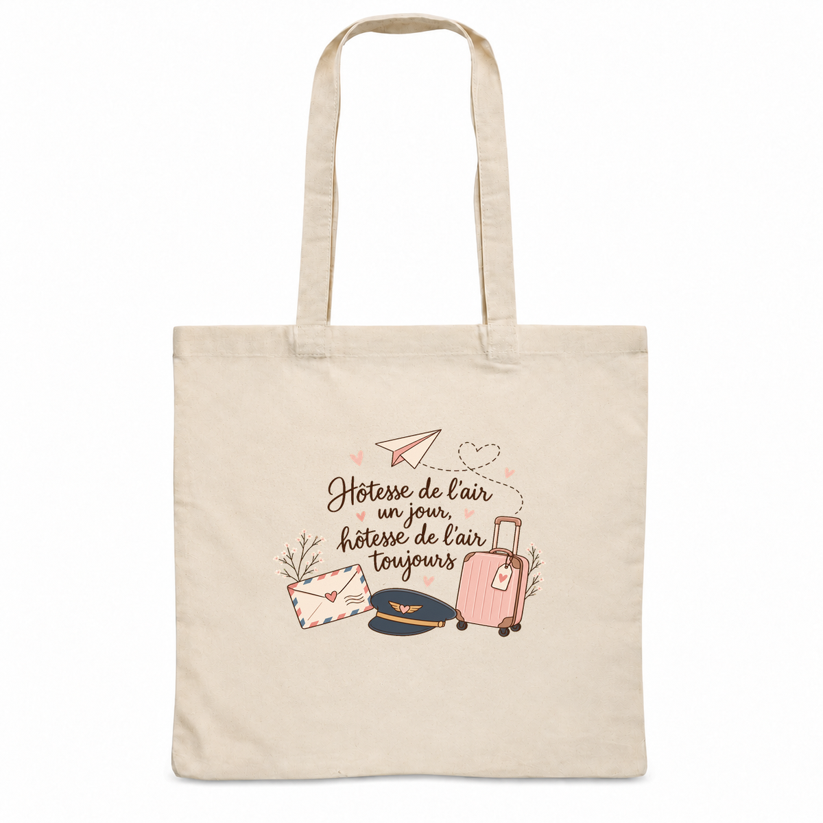 Tote bag hôtesse de l'air Essentiel, sac plat en coton naturel 140 g/m² de 38 × 42 cm, illustration bohème d'une casquette d'aviateur, d'une valise à roulettes et d'un avion en papier