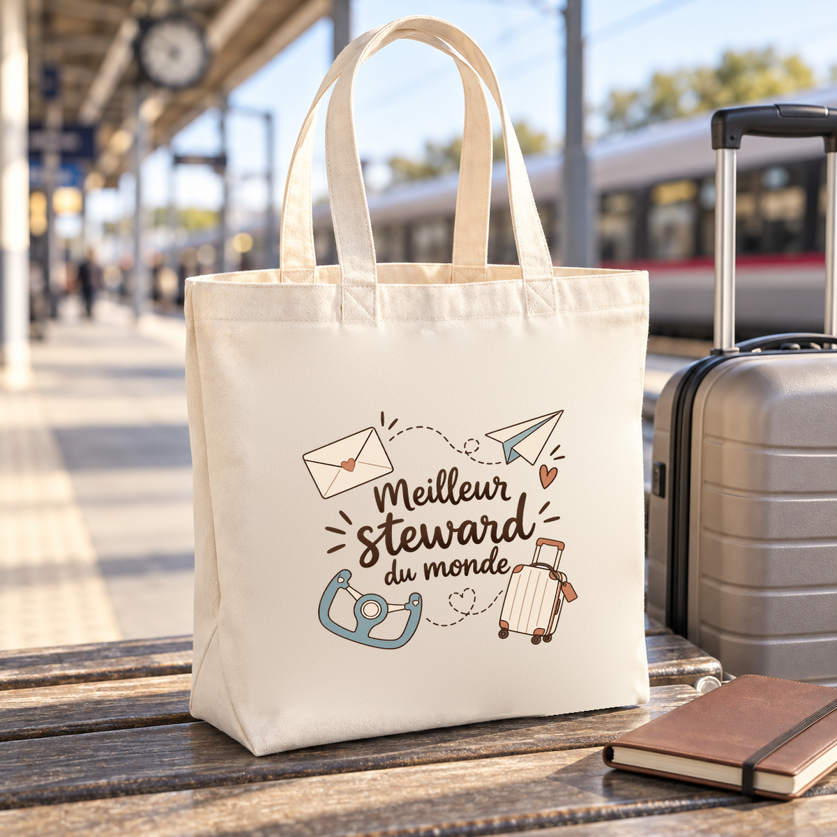 Tote bag steward « Meilleur steward du monde » Premium posé sur un banc de quai, à côté d'une valise