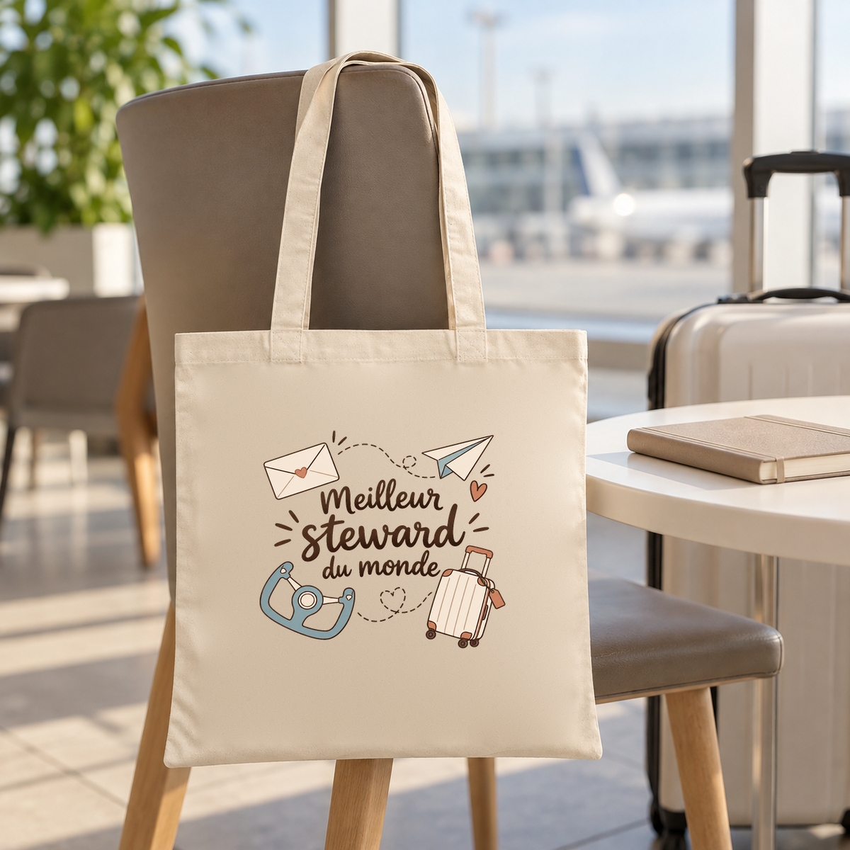Tote bag steward « Meilleur steward du monde » Essentiel suspendu à une chaise dans un terminal d'aéroport, à côté d'une valise