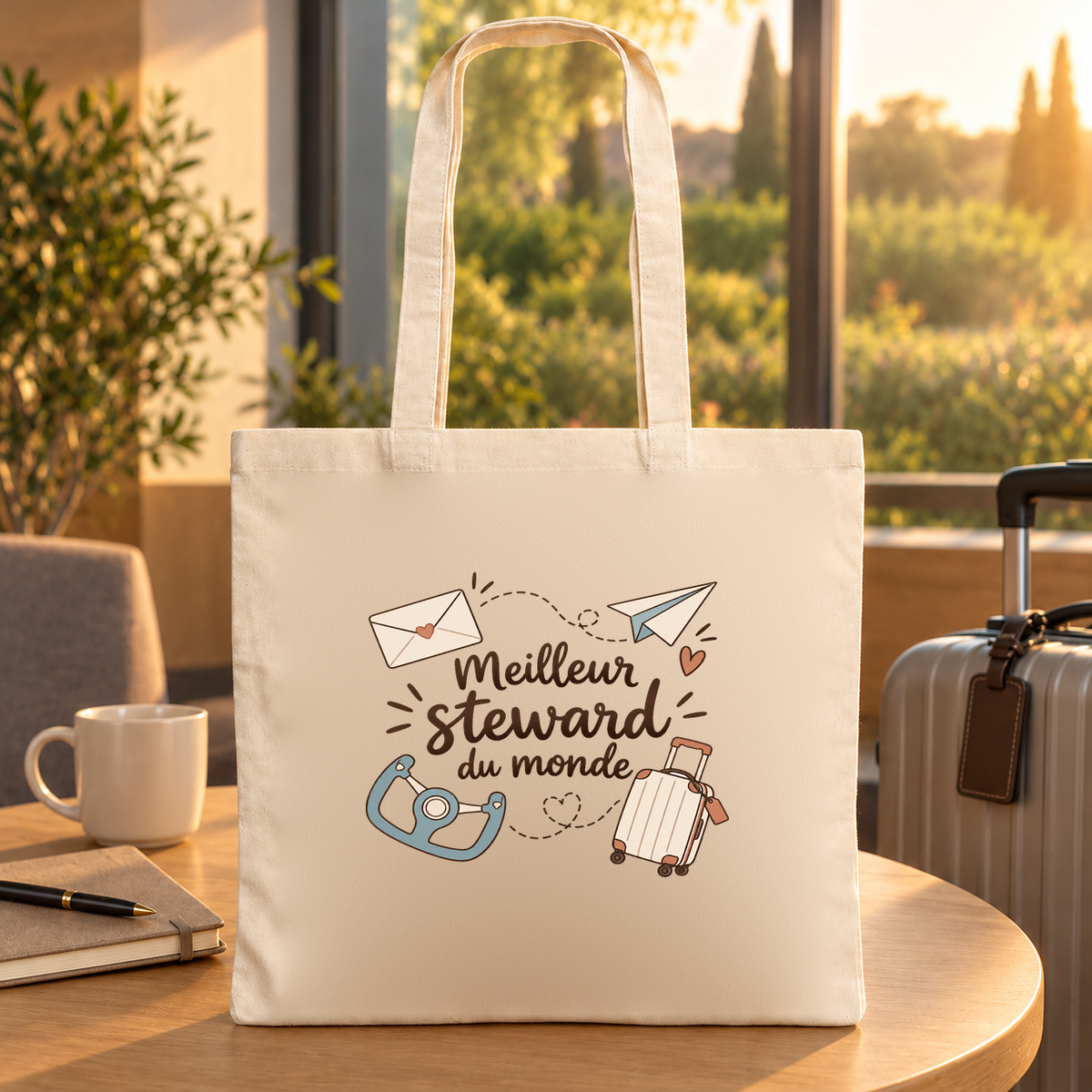 Tote bag steward « Meilleur steward du monde » Essentiel posé sur une table de café, à côté d'une tasse