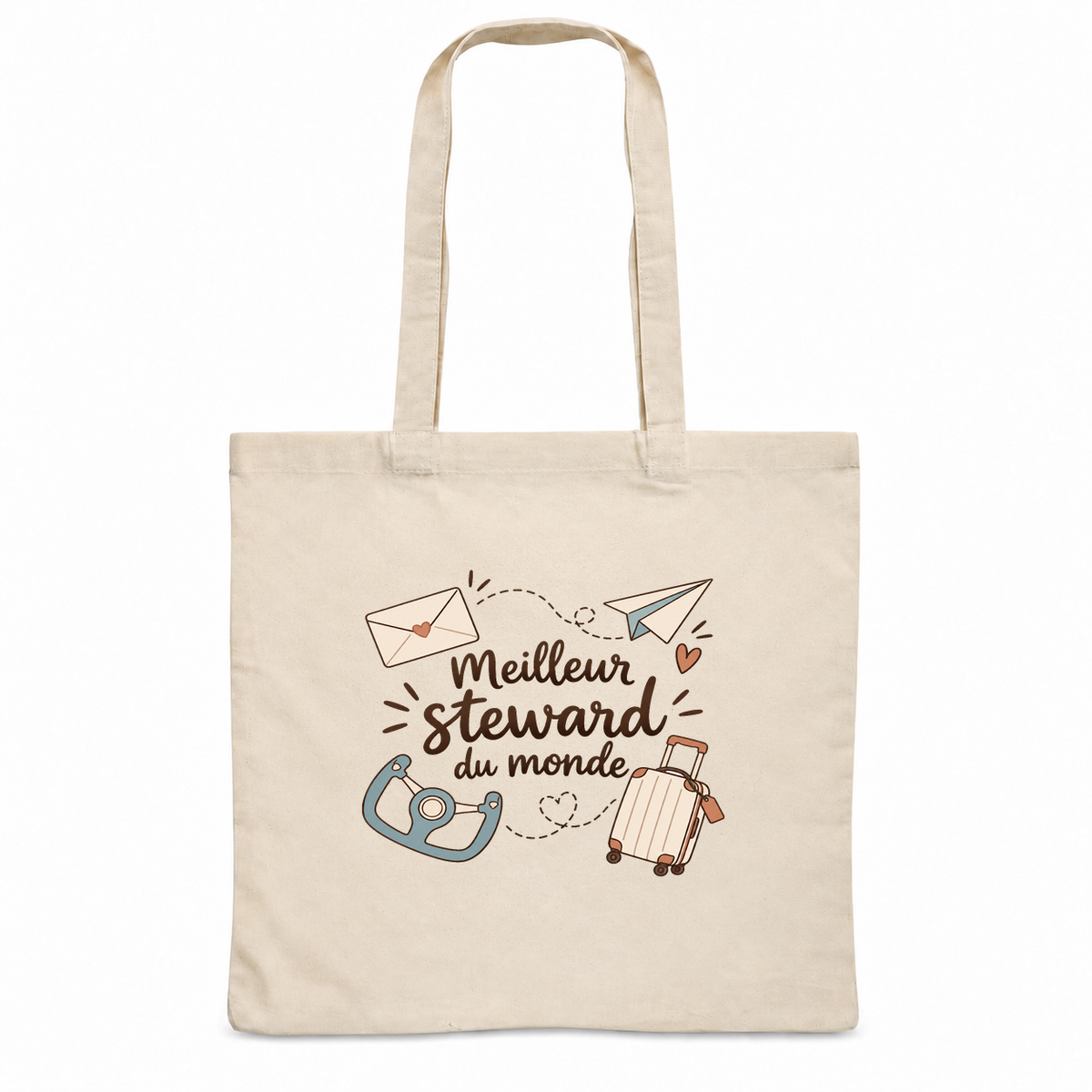 Tote bag steward « Meilleur steward du monde » Essentiel, sac plat en coton naturel 140 g/m² de 38 × 42 cm, illustration bohème d'un manche d'avion, d'une valise, d'une enveloppe et d'un avion en papier