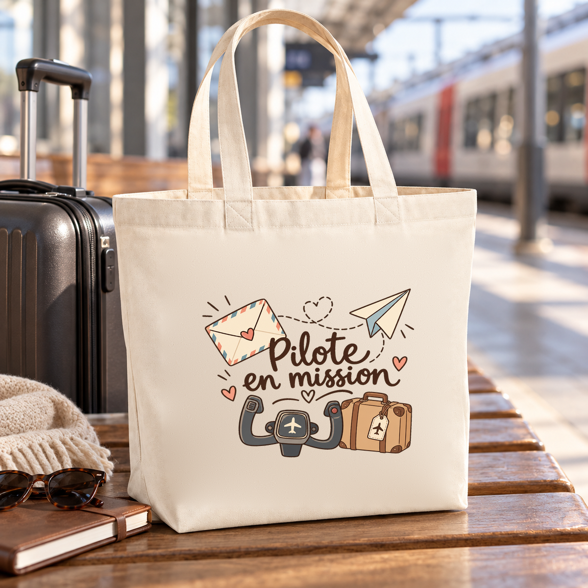 Tote bag pilote « Pilote en mission » Premium posé sur un banc de quai, à côté d'une valise