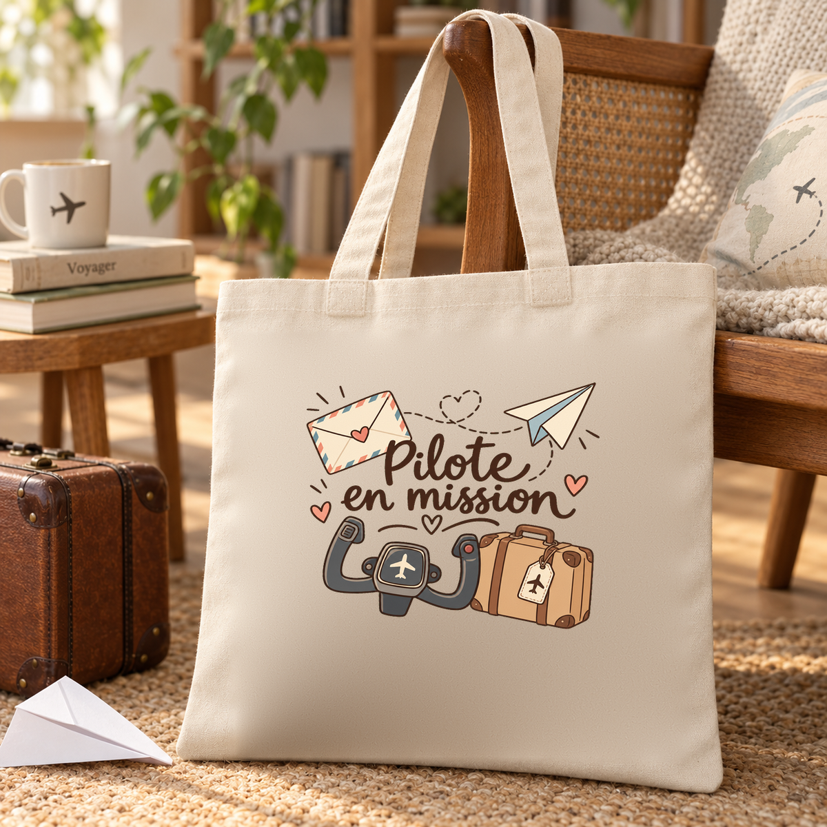Tote bag pilote « Pilote en mission » Essentiel posé sur une chaise, à côté d'une valise rétro