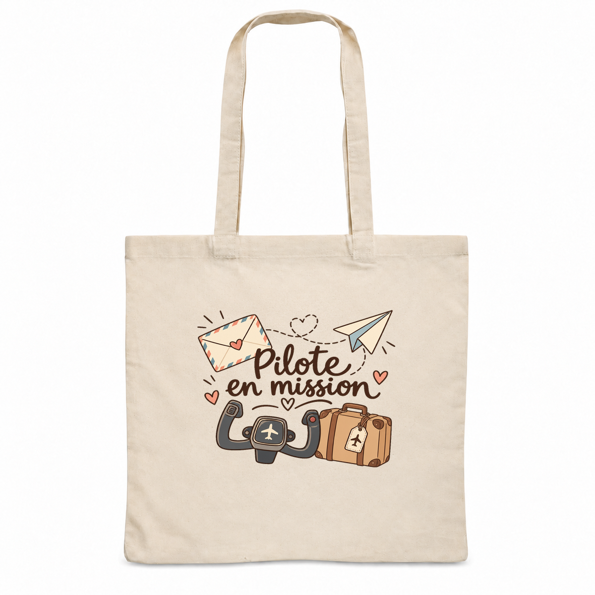 Tote bag pilote « Pilote en mission » Essentiel, sac plat en coton naturel 140 g/m² de 38 × 42 cm, illustration bohème d'un manche d'avion, d'une valise, d'une enveloppe et d'un avion en papier