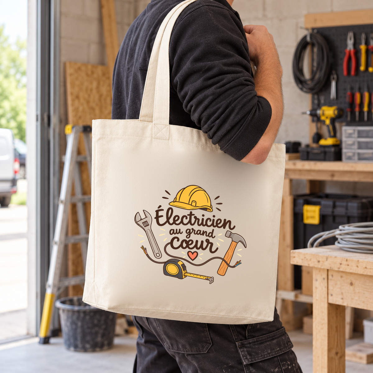 Tote bag électricien « Électricien au grand cœur » Premium porté à l'épaule dans un atelier
