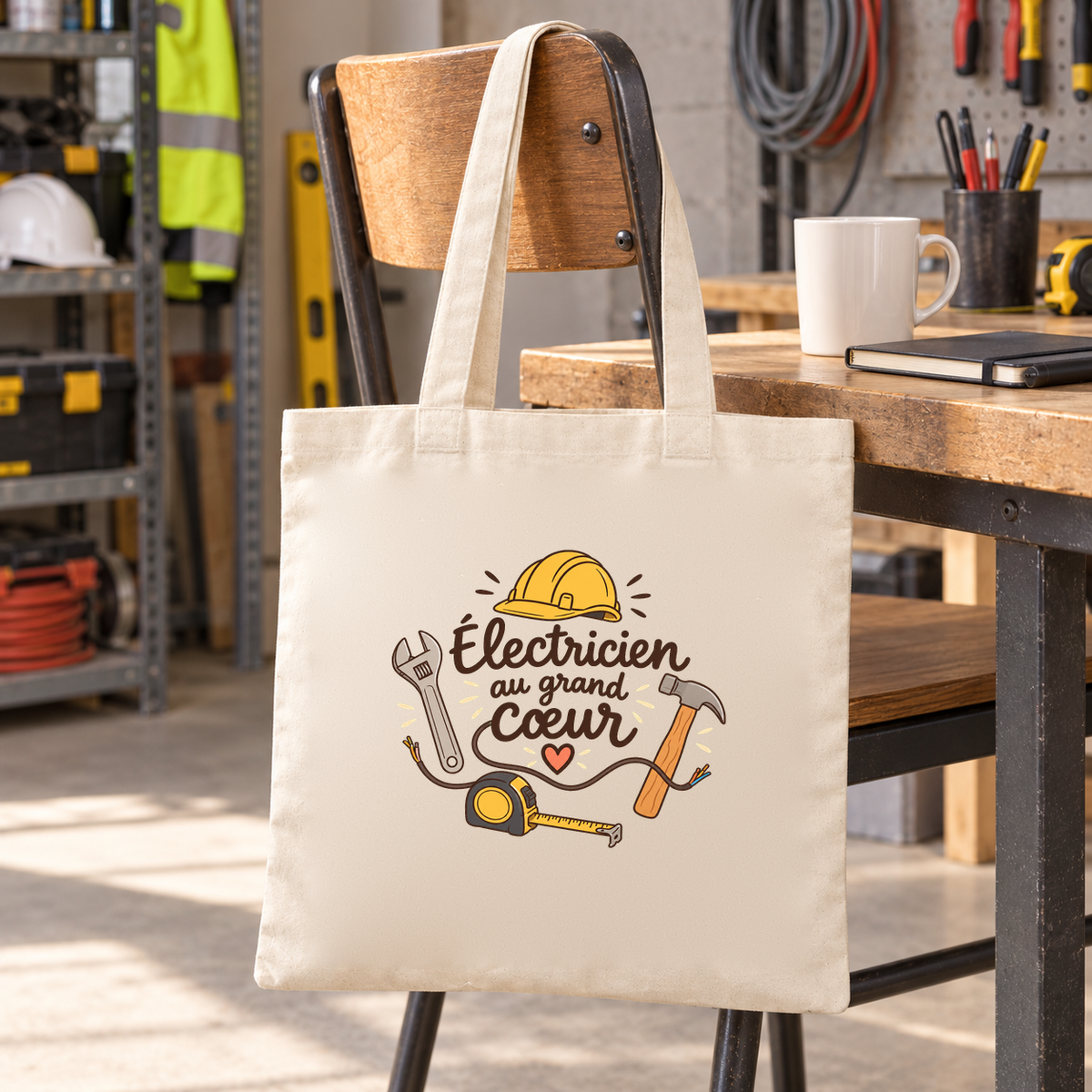 Tote bag électricien « Électricien au grand cœur » Essentiel suspendu à une chaise de l'atelier, à côté d'un mug