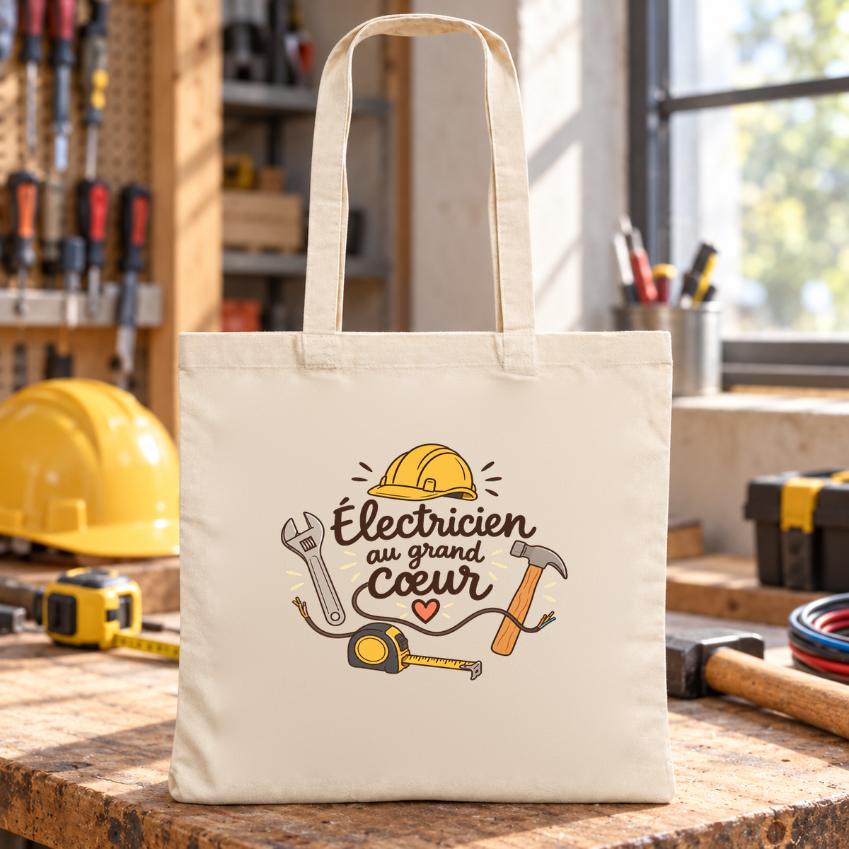Tote bag électricien « Électricien au grand cœur » Essentiel posé sur un établi, à côté d'un casque de chantier