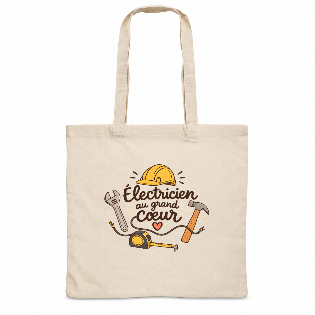 Tote bag électricien « Électricien au grand cœur » Essentiel, sac plat en coton naturel 140 g/m² de 38 × 42 cm, illustration bohème d'un casque de chantier, d'une clé à molette, d'un marteau, d'un mètre ruban et d'un câble