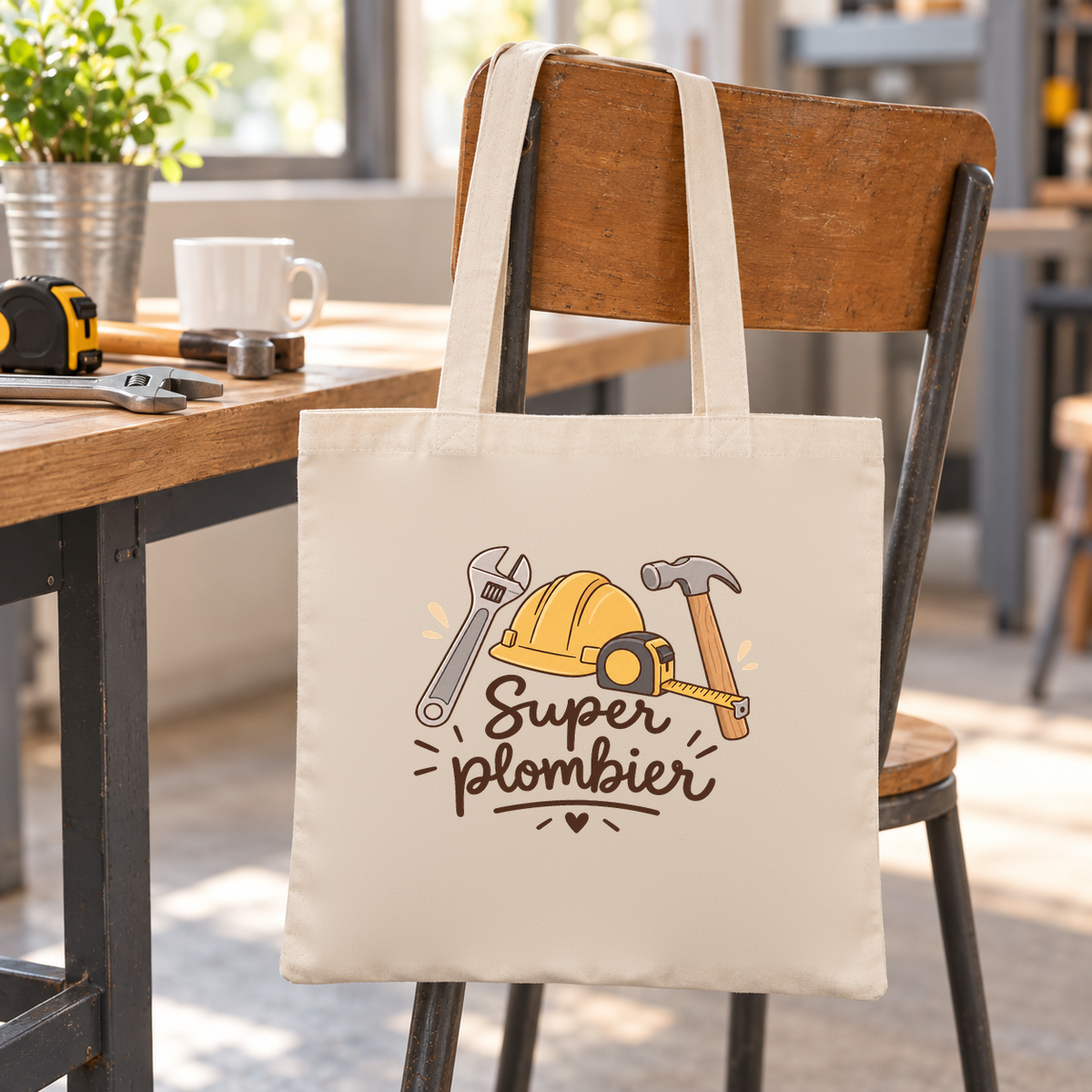 Tote bag plombier « Super plombier » Essentiel suspendu à une chaise près d'un bureau, à côté d'un mug