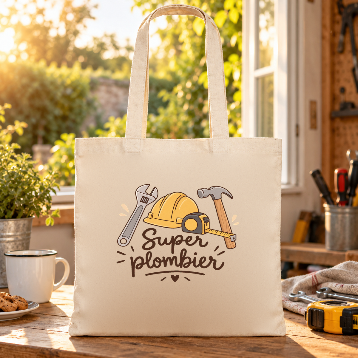 Tote bag plombier « Super plombier » Essentiel posé sur une table au soleil, à côté d'une tasse