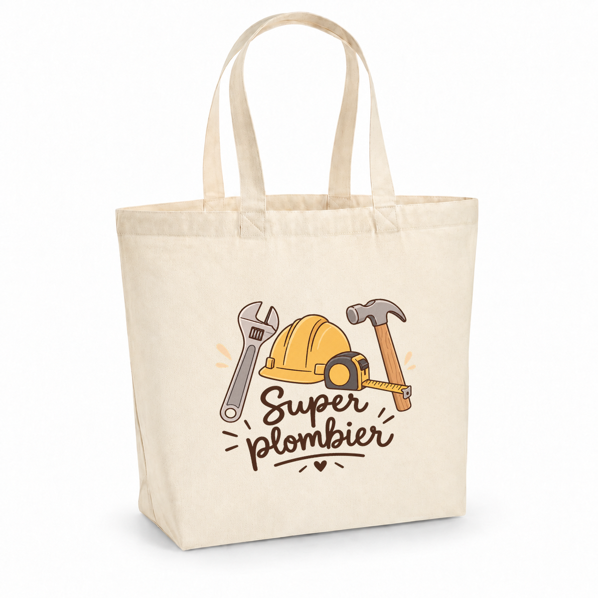 Tote bag plombier « Super plombier » Premium, cabas à soufflet en coton naturel 200 g/m² de 18 litres, illustration bohème d'un casque de chantier, d'une clé à molette, d'un marteau et d'un mètre ruban