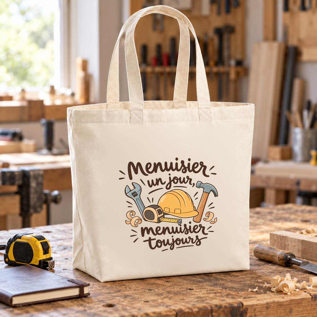 Tote bag menuisier « Menuisier un jour, menuisier toujours » Premium posé sur un établi, à côté d'un mètre ruban et d'un ciseau à bois