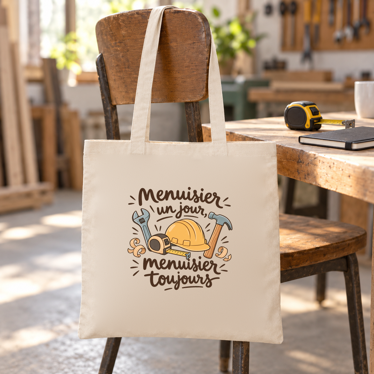 Tote bag menuisier « Menuisier un jour, menuisier toujours » Essentiel suspendu à une chaise de l'atelier
