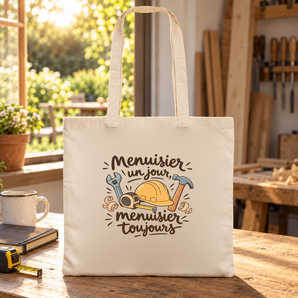 Tote bag menuisier « Menuisier un jour, menuisier toujours » Essentiel posé sur un établi, à côté d'une tasse et d'un mètre ruban