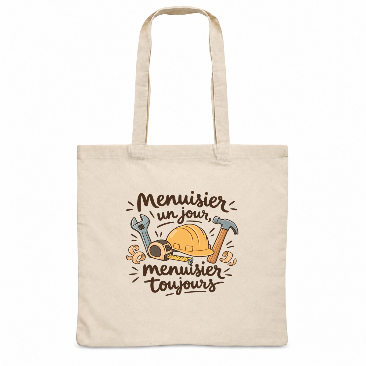 Tote bag menuisier « Menuisier un jour, menuisier toujours » Essentiel, sac plat en coton naturel 140 g/m² de 38 × 42 cm, illustration bohème d'un casque de chantier, d'outils et de copeaux de bois
