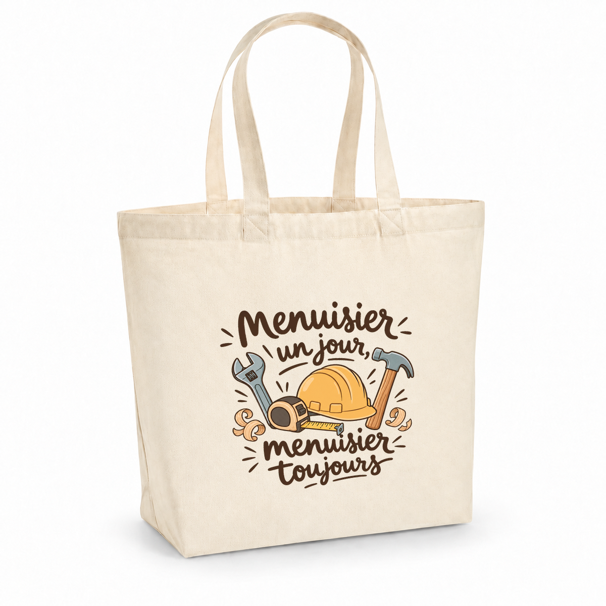 Tote bag menuisier « Menuisier un jour, menuisier toujours » Premium, cabas à soufflet en coton naturel 200 g/m² de 18 litres, illustration bohème d'un casque de chantier, d'outils et de copeaux de bois