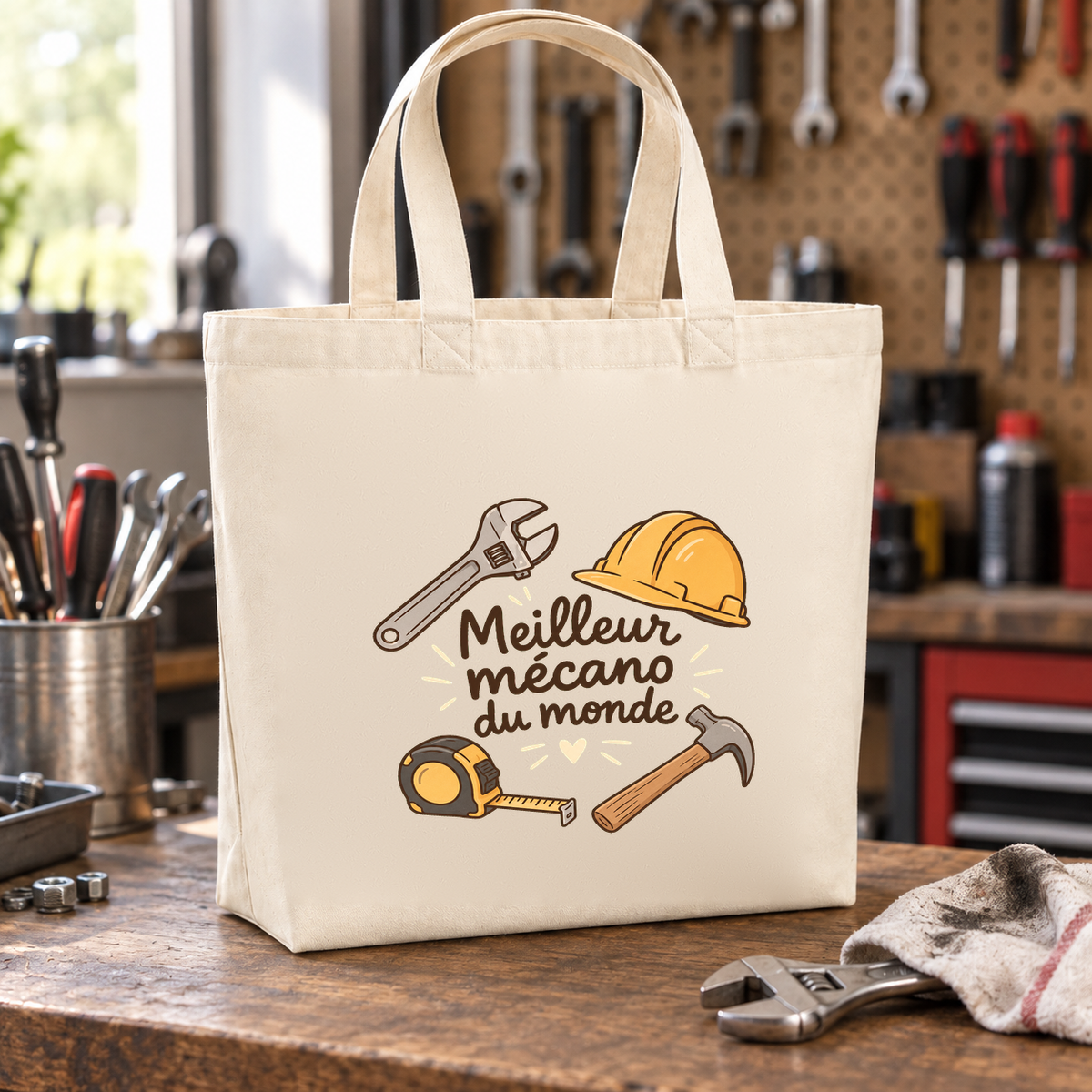 Tote bag mécanicien « Meilleur mécano du monde » Premium posé sur un établi de garage, à côté d'une clé et d'un chiffon