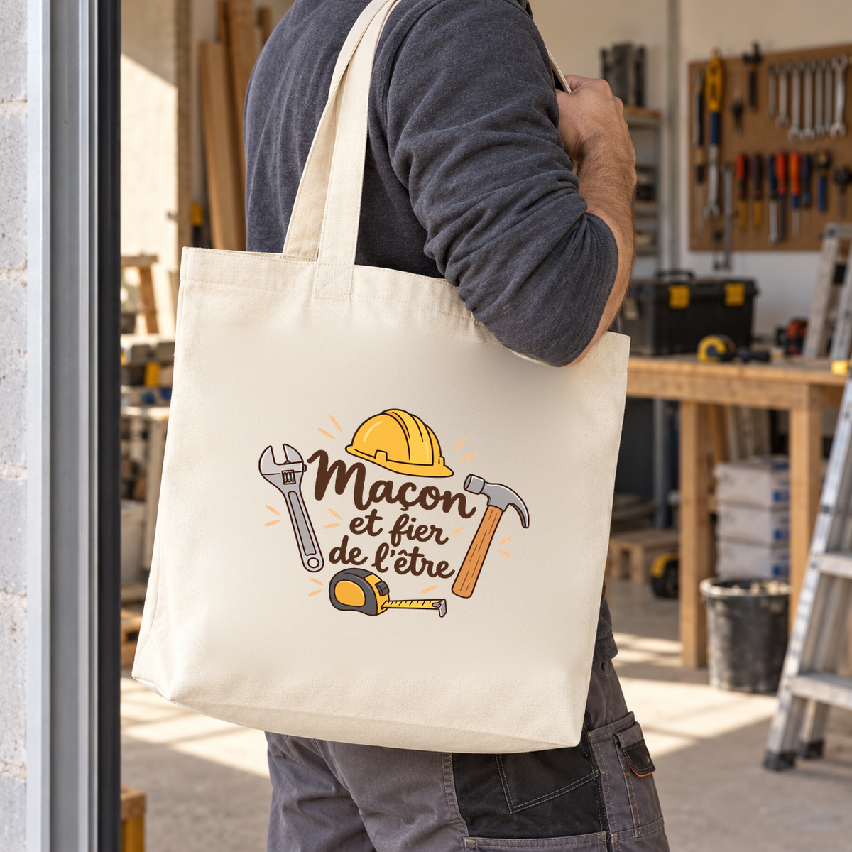 Tote bag maçon « Maçon et fier de l'être » Premium porté à l'épaule dans un atelier