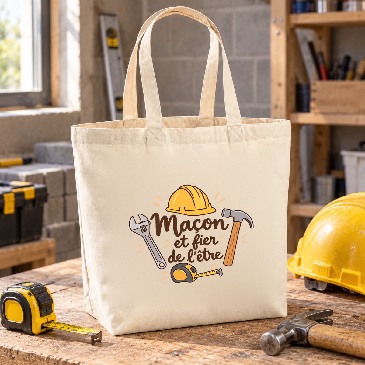 Tote bag maçon « Maçon et fier de l'être » Premium posé sur un établi, à côté d'un casque de chantier