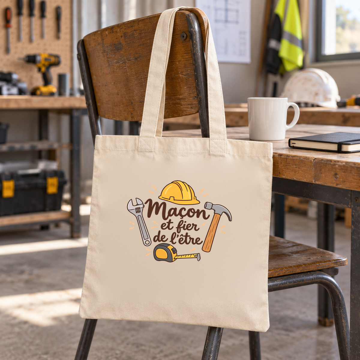 Tote bag maçon « Maçon et fier de l'être » Essentiel suspendu à une chaise de l'atelier, à côté d'un mug