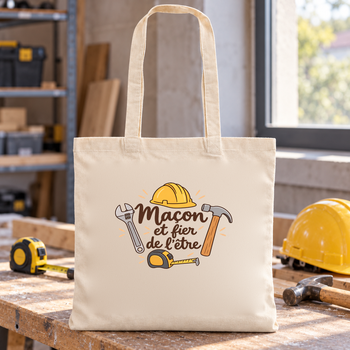 Tote bag maçon « Maçon et fier de l'être » Essentiel posé sur un établi, à côté d'un casque et d'un mètre ruban