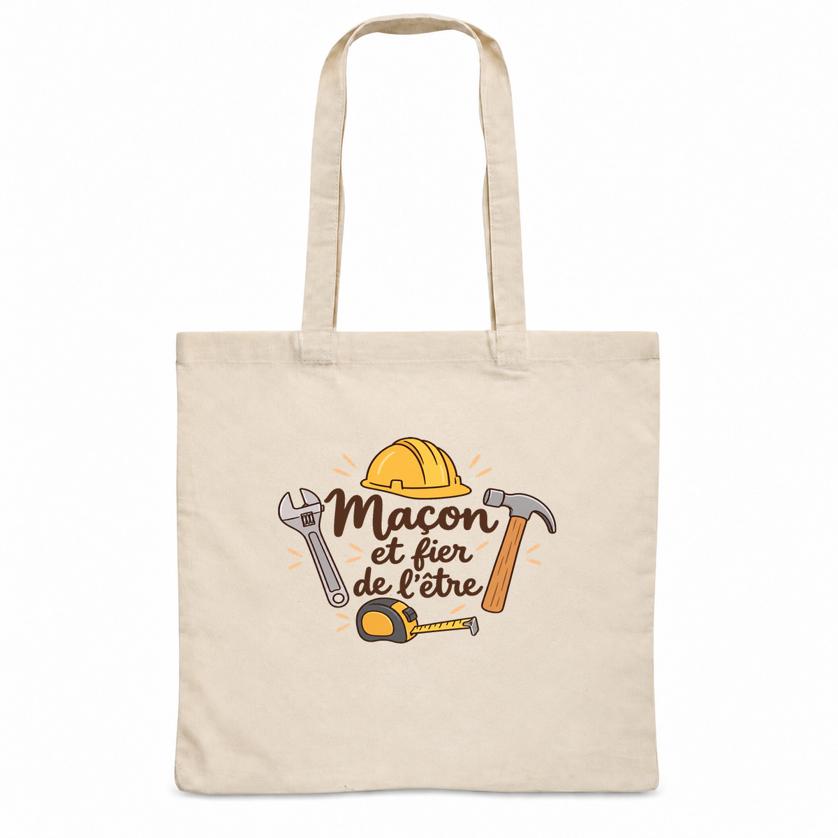 Tote bag maçon « Maçon et fier de l'être » Essentiel, sac plat en coton naturel 140 g/m² de 38 × 42 cm, illustration bohème d'un casque de chantier, d'une clé à molette, d'un marteau et d'un mètre ruban