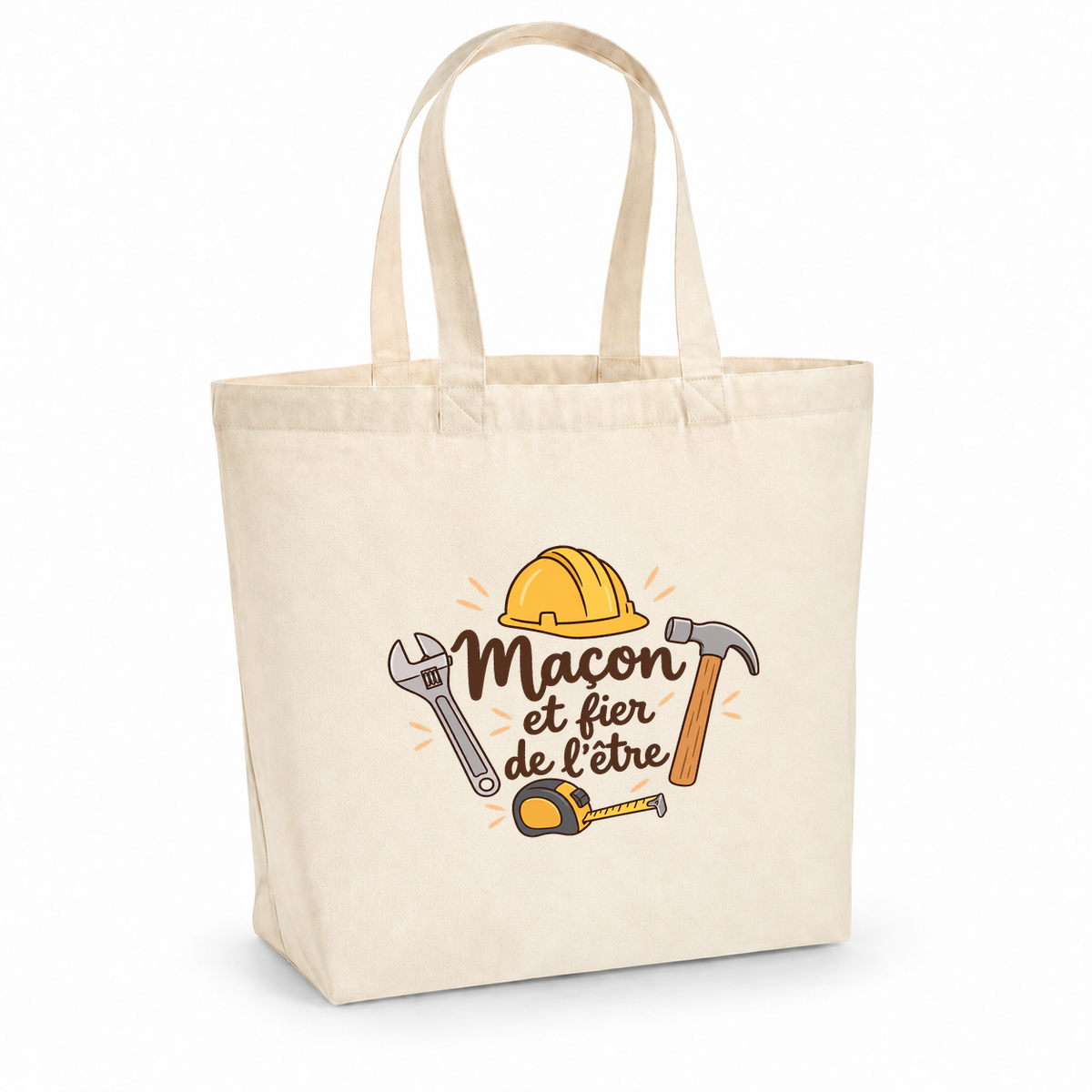 Tote bag maçon « Maçon et fier de l'être » Premium, cabas à soufflet en coton naturel 200 g/m² de 18 litres, illustration bohème d'un casque de chantier, d'une clé à molette, d'un marteau et d'un mètre ruban