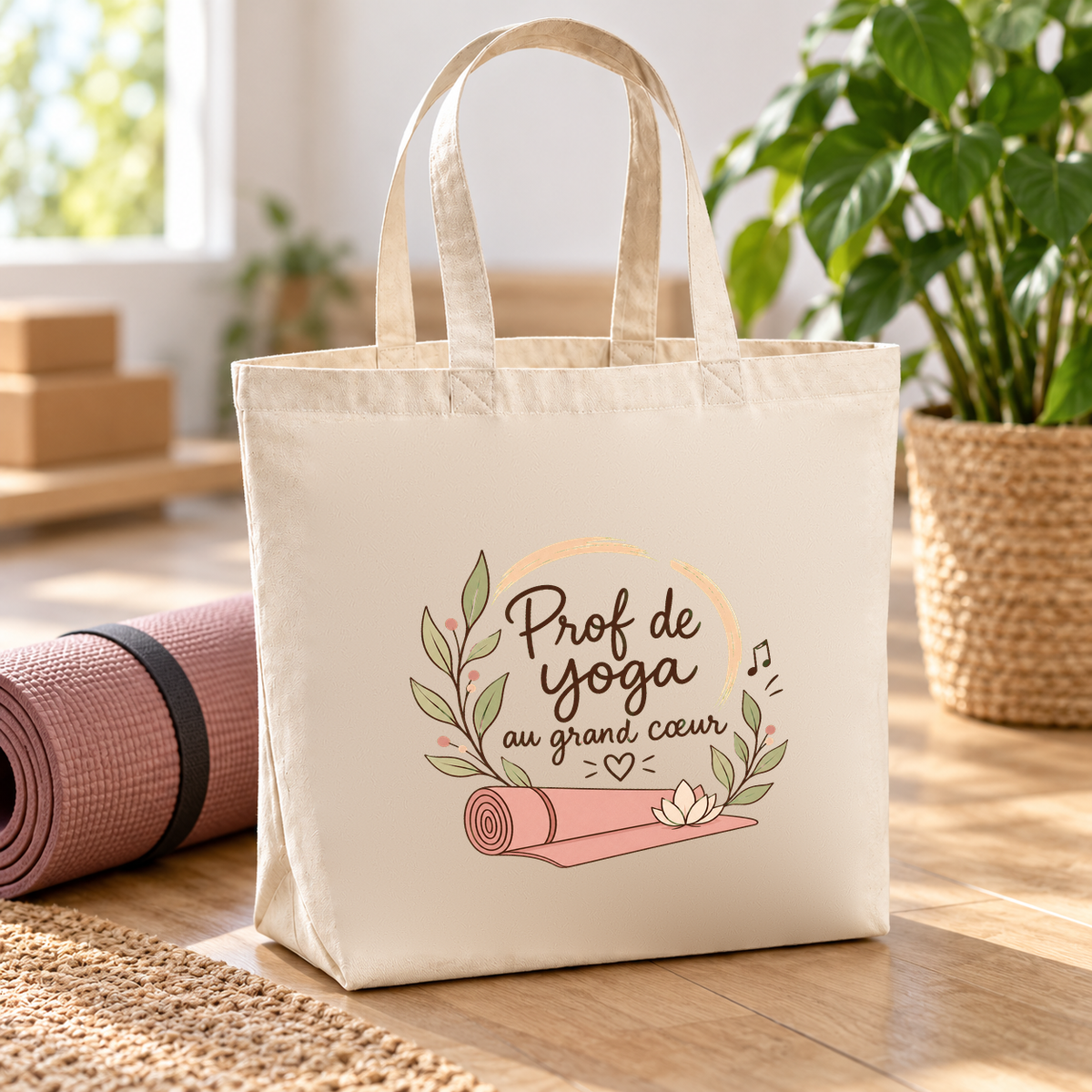 Tote bag prof de yoga « Prof de yoga au grand cœur » Premium posé sur le parquet d'un studio, à côté d'un tapis de yoga