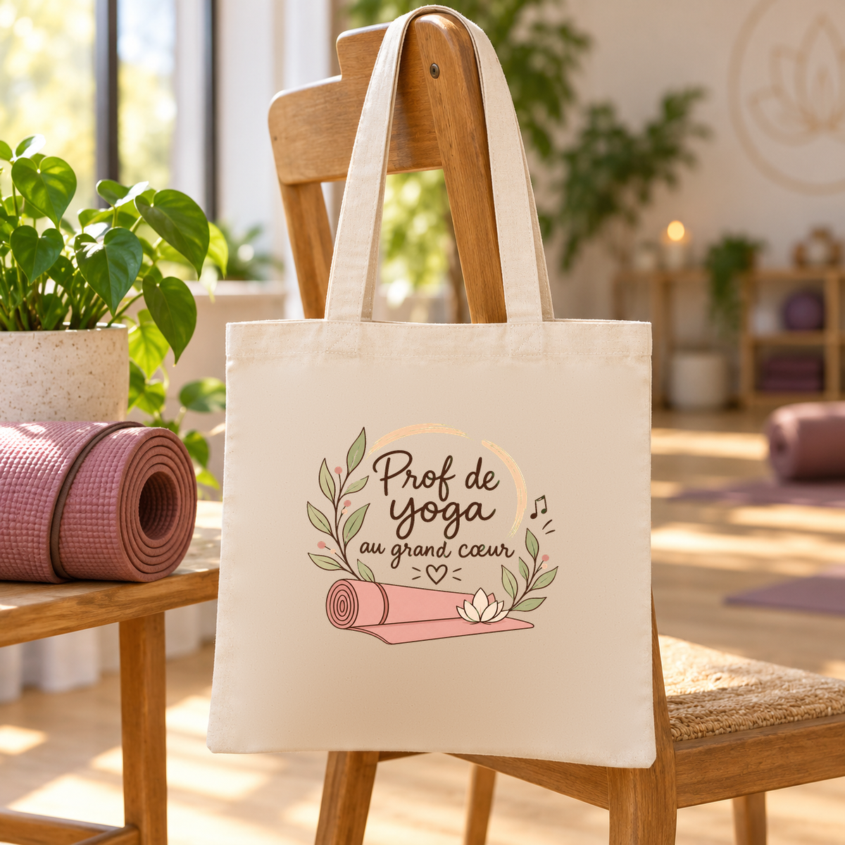 Tote bag prof de yoga « Prof de yoga au grand cœur » Essentiel suspendu à une chaise du studio, à côté d'un tapis de yoga