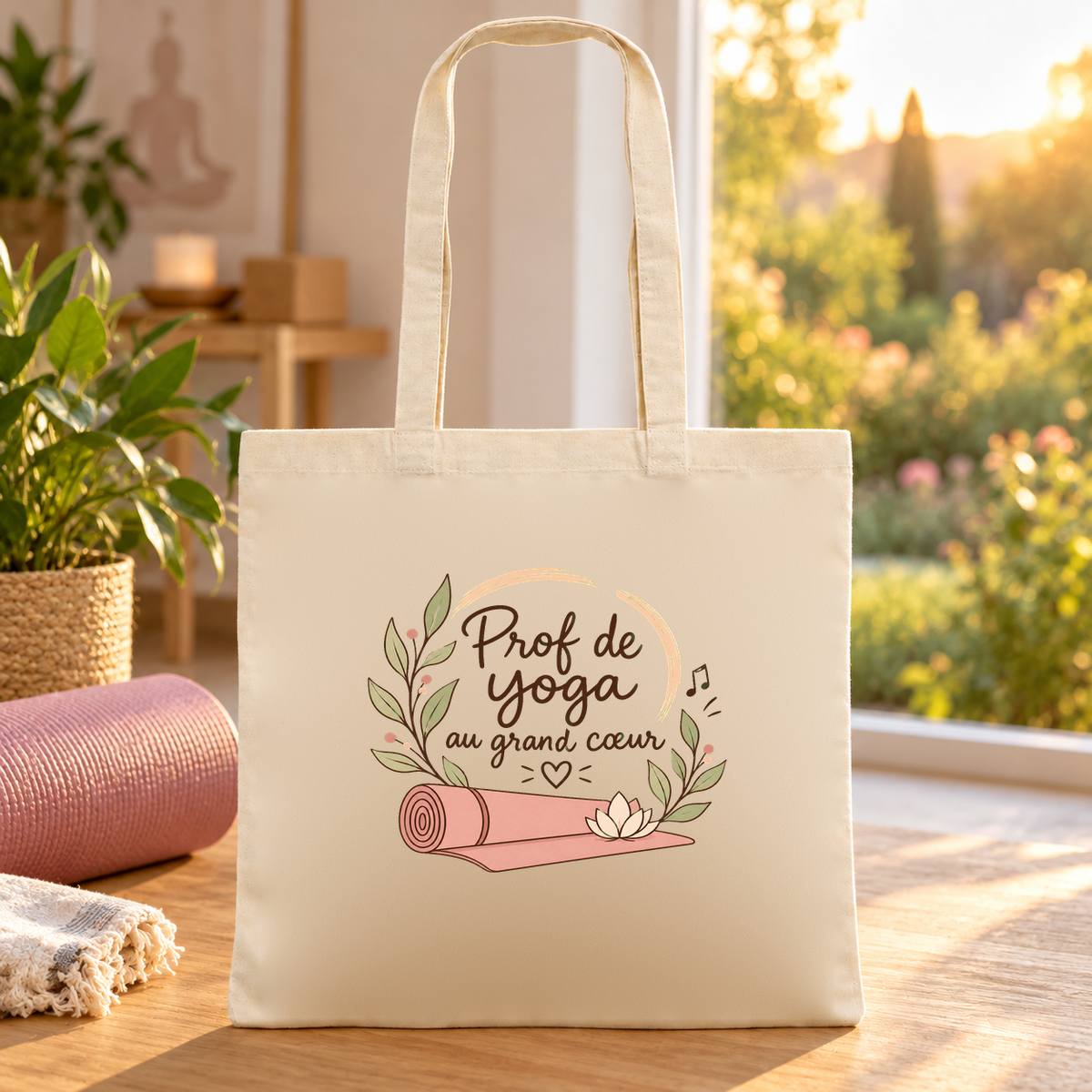 Tote bag prof de yoga « Prof de yoga au grand cœur » Essentiel posé au sol d'un studio lumineux, à côté d'un tapis