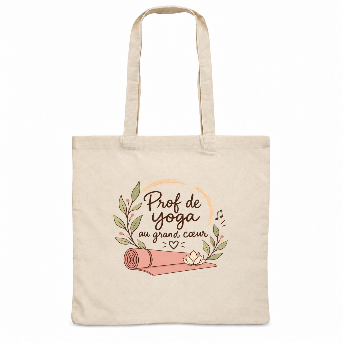 Tote bag prof de yoga « Prof de yoga au grand cœur » Essentiel, sac plat en coton naturel 140 g/m² de 38 × 42 cm, illustration bohème d'un tapis de yoga, d'une fleur de lotus et d'un cercle zen