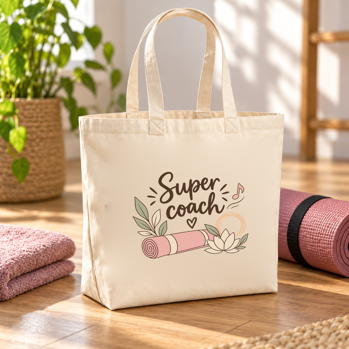 Tote bag coach sportif « Super coach » Premium posé sur le parquet d'une salle, à côté d'une serviette et d'un tapis