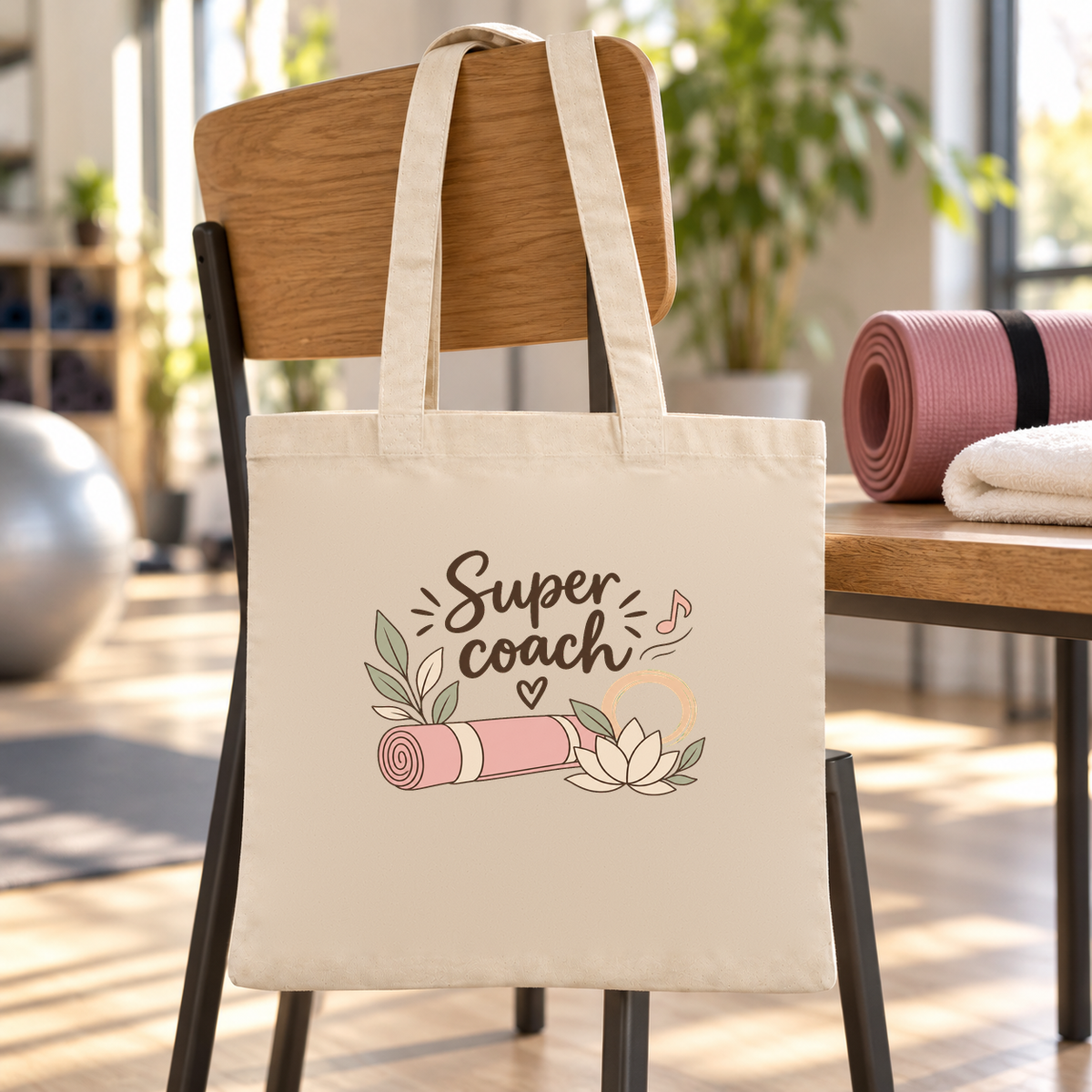 Tote bag coach sportif « Super coach » Essentiel suspendu à une chaise de la salle de sport, près d'un ballon de gym