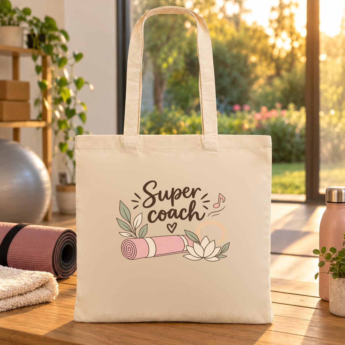Tote bag coach sportif « Super coach » Essentiel posé au sol de la salle, à côté d'une gourde