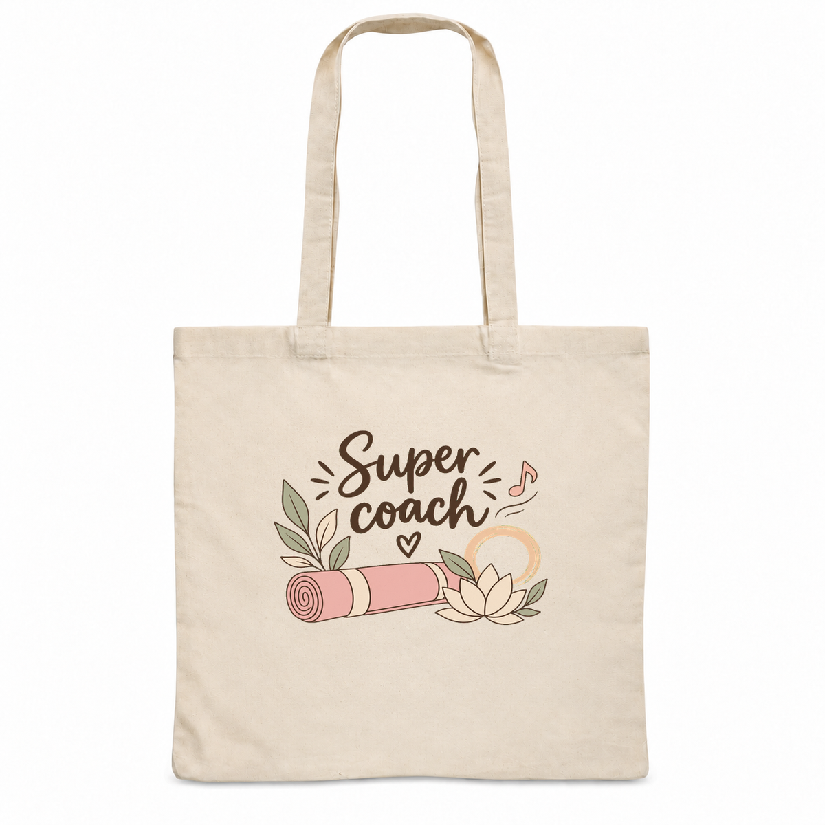 Tote bag coach sportif « Super coach » Essentiel, sac plat en coton naturel 140 g/m² de 38 × 42 cm, illustration bohème d'un tapis de yoga, d'une fleur de lotus et d'un cercle zen