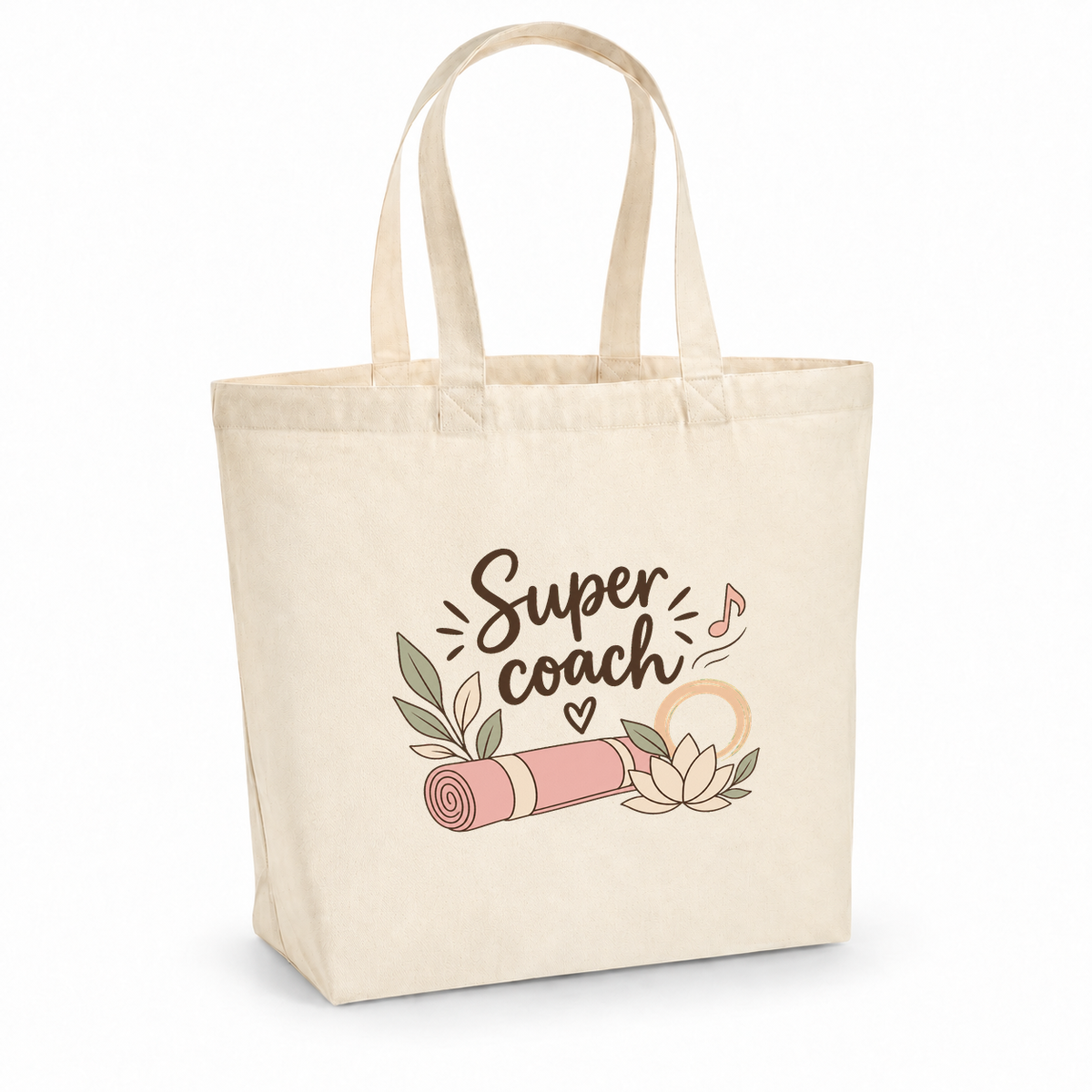 Tote bag coach sportif « Super coach » Premium, cabas à soufflet en coton naturel 200 g/m² de 18 litres, illustration bohème d'un tapis de yoga, d'une fleur de lotus et d'un cercle zen