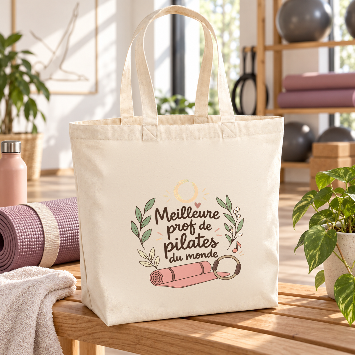 Tote bag prof de pilates « Meilleure prof de pilates du monde » Premium posé sur un banc du studio, à côté d'un tapis