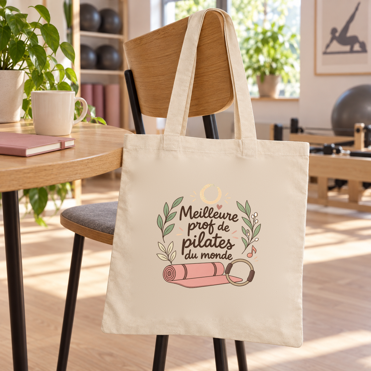 Tote bag prof de pilates « Meilleure prof de pilates du monde » Essentiel suspendu à une chaise du studio